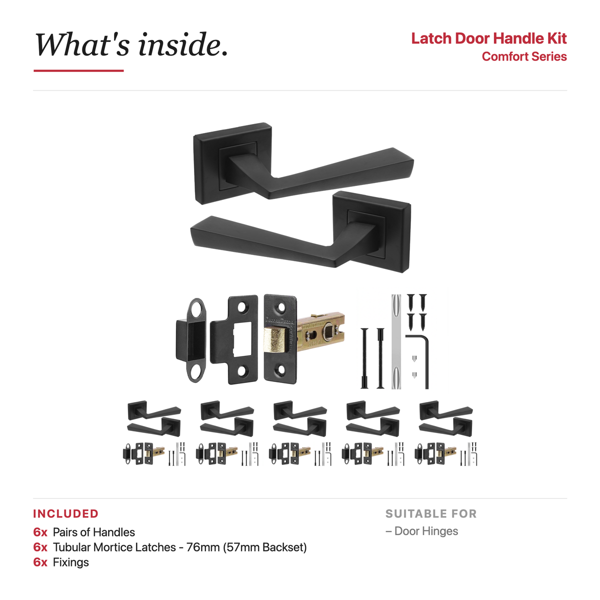 Helix Matt Black Passage Door Lever Handles – showing what's included in the box