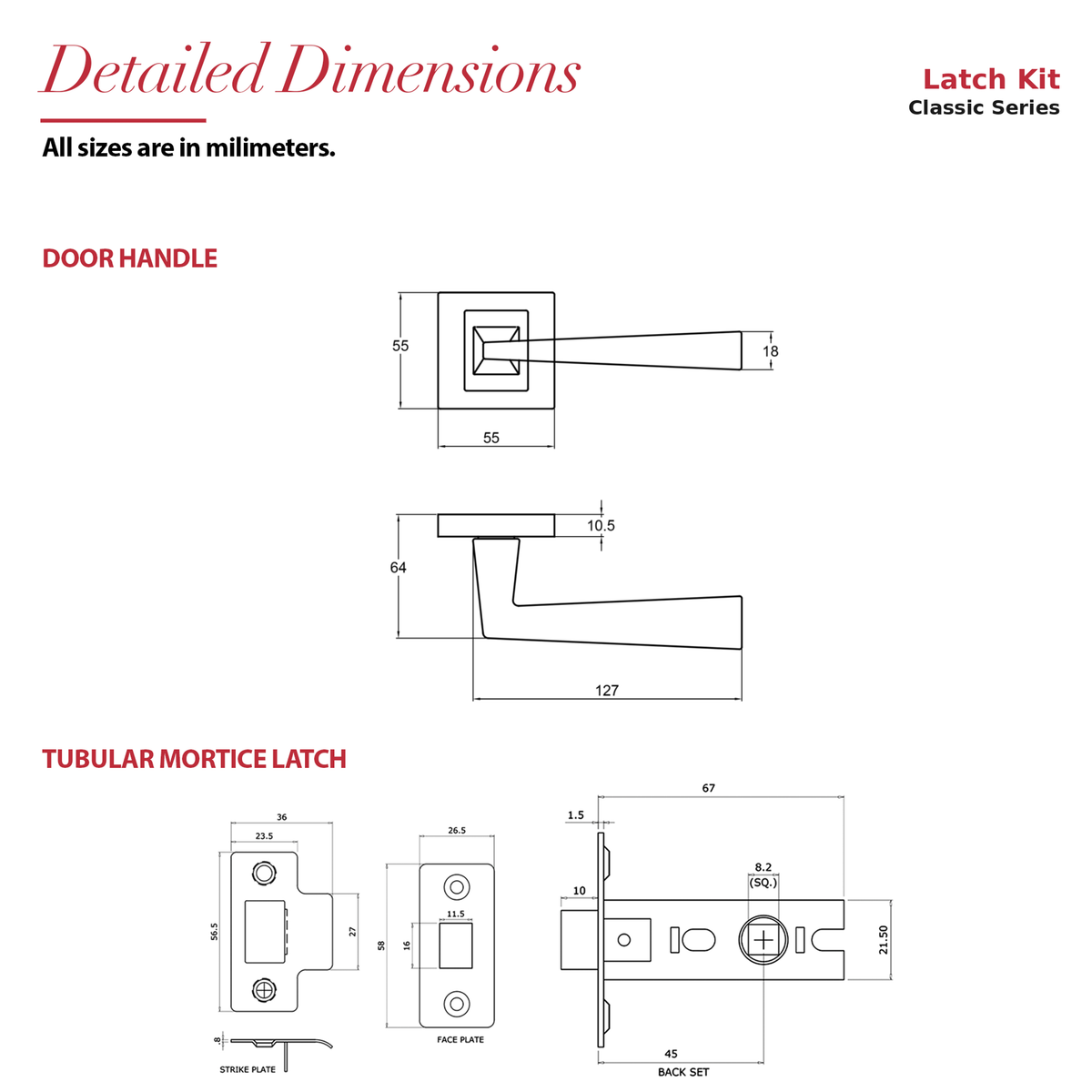 Helix Matt Black Passage Door Lever Handles – dimensions and measurements diagram