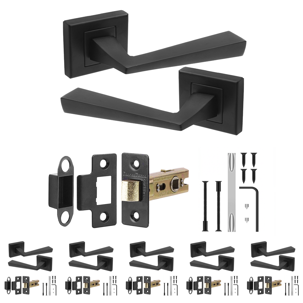 Helix Matt Black Passage Door Lever Handles - Latch Kit 64mm - Pack of 6