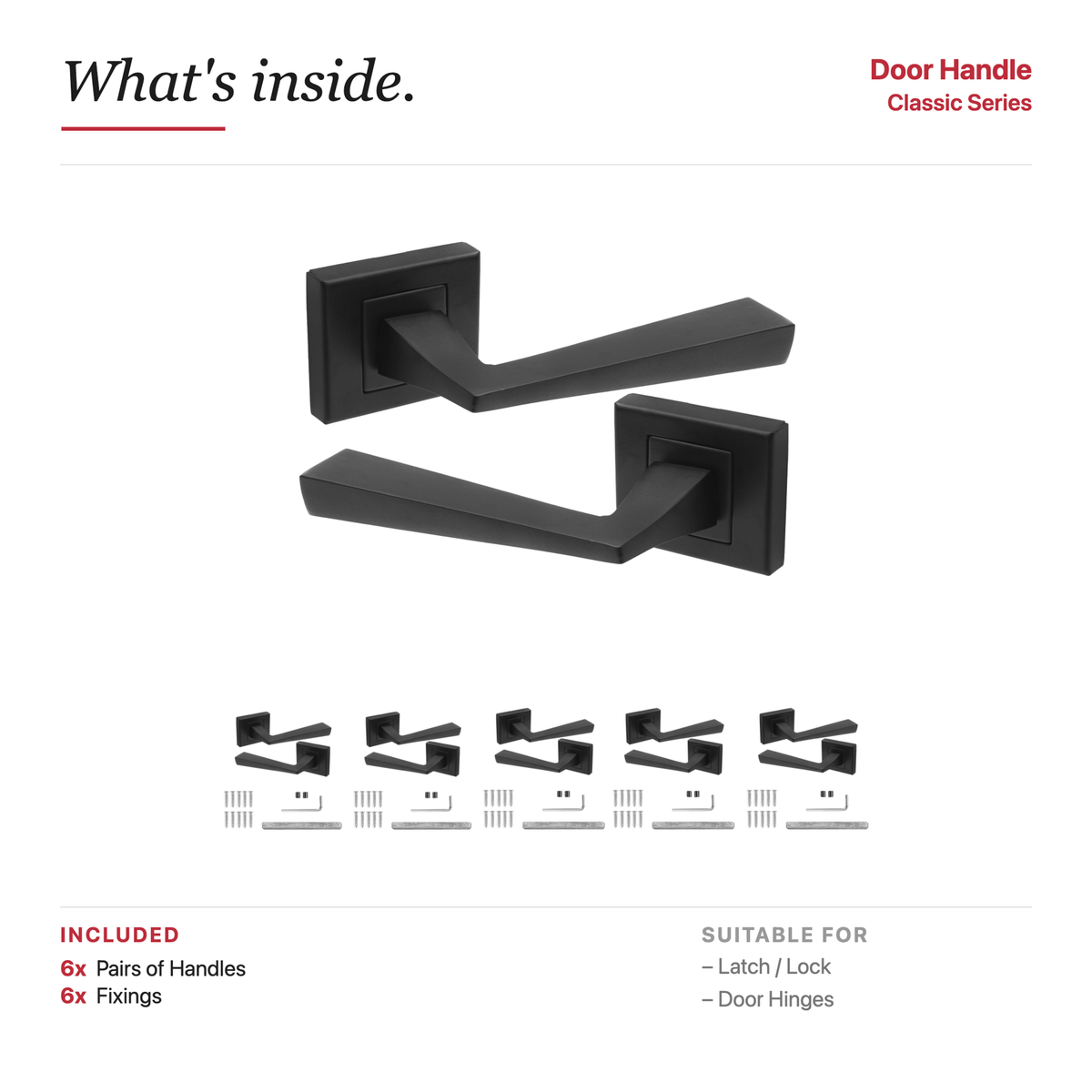 Helix Matt Black Door Lever Handles – showing what's included in the box