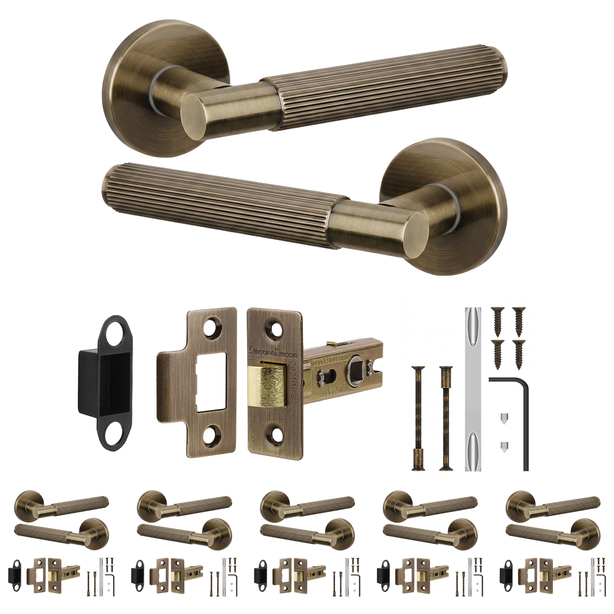 Hera Antique Brass Passage Door Lever Handles - Latch Kit 76mm - Pack of 6