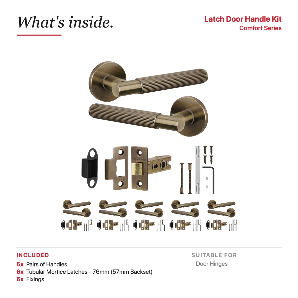 Hera Antique Brass Passage Door Lever Handles – showing what's included in the box