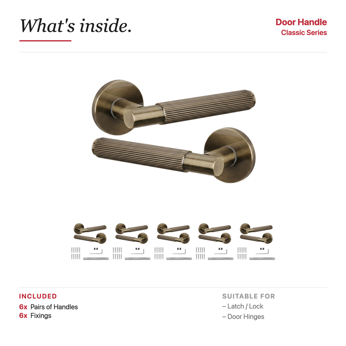 Hera Antique Brass Door Lever Handles – showing what's included in the box