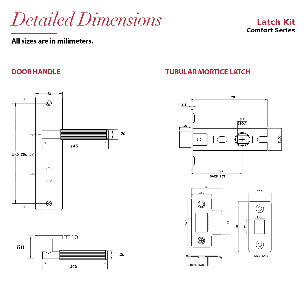 Hera Matt Black Passage Door Lever Handles on Backplate – dimensions and measurements diagram
