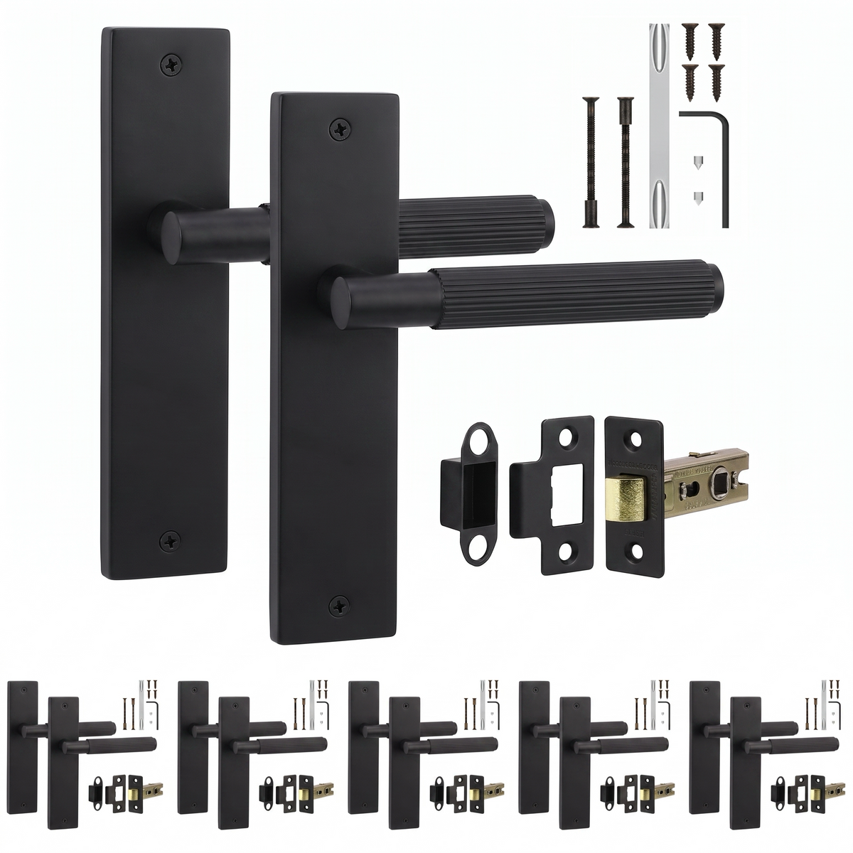 Hera Matt Black Passage Door Lever Handles on Backplate - Latch Kit 76mm - Pack of 6