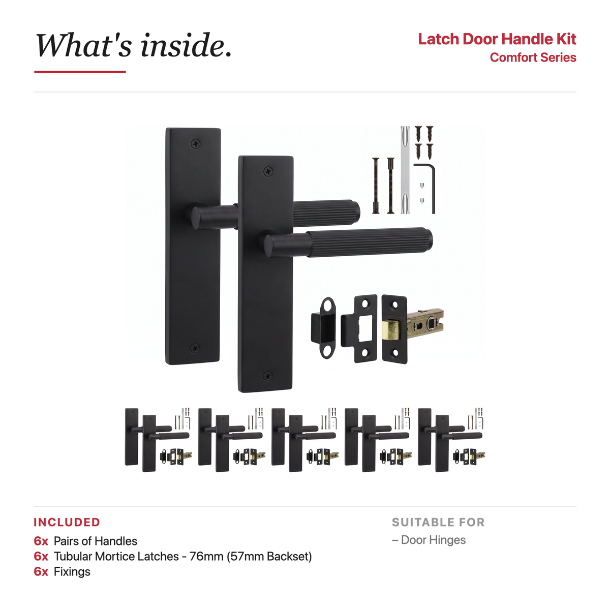 Hera Matt Black Passage Door Lever Handles on Backplate – showing what's included in the box
