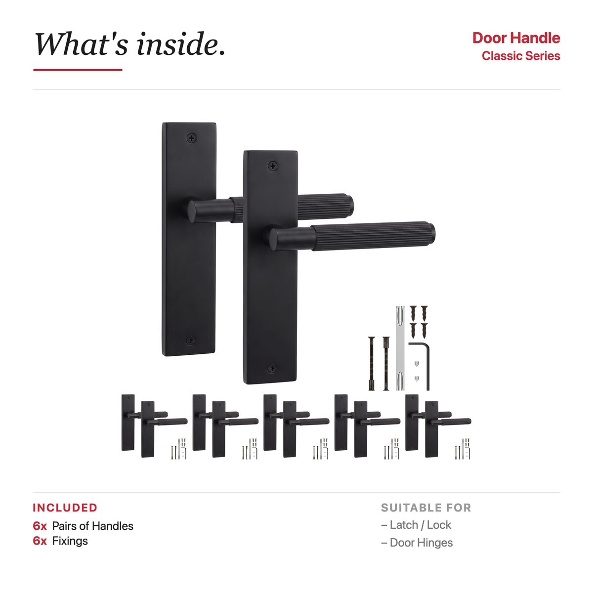 Hera Matt Black Door Lever Handles on Backplate – showing what's included in the box