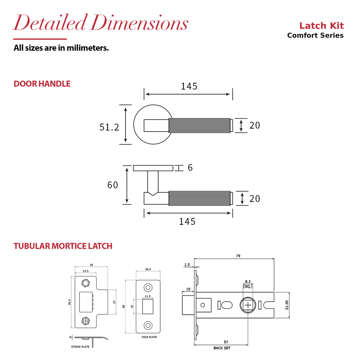 Hera Matt Black Passage Door Lever Handles – dimensions and measurements diagram