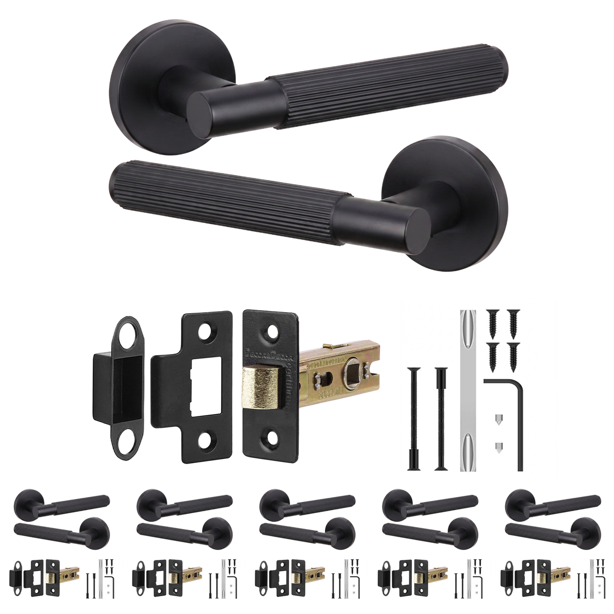 Hera Matt Black Passage Door Lever Handles - Latch Kit 64mm - Pack of 6