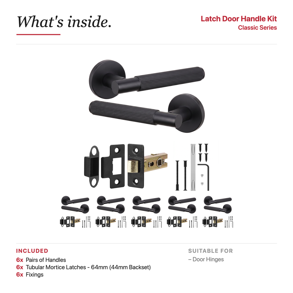 Hera Matt Black Passage Door Lever Handles – showing what's included in the box