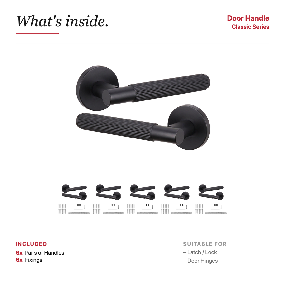 Hera Matt Black Door Lever Handles – showing what's included in the box