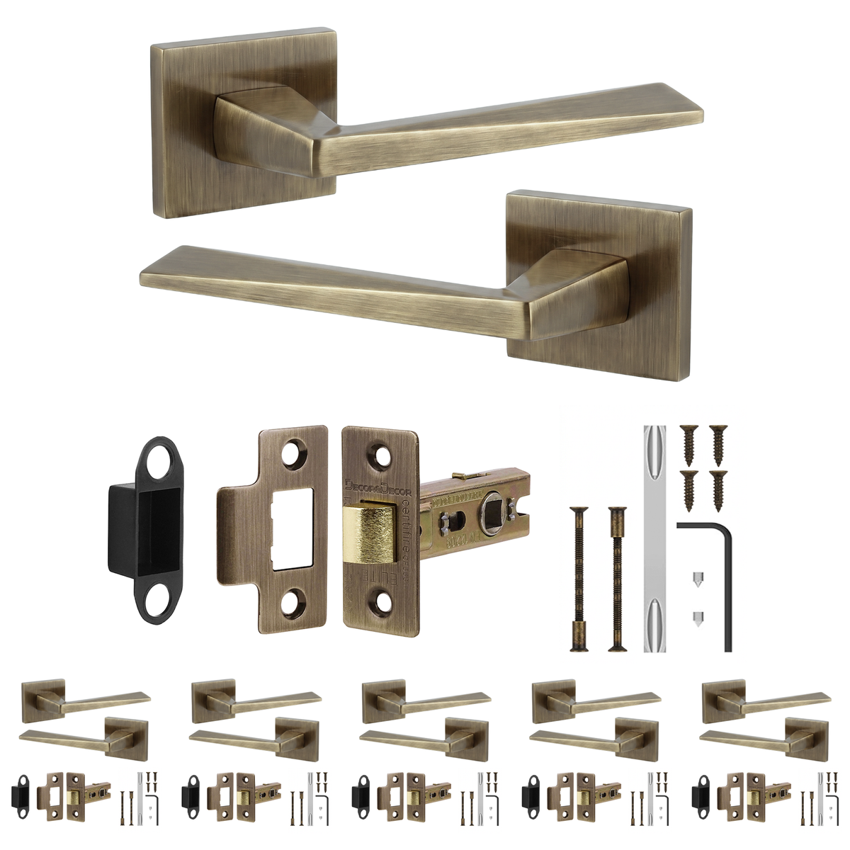 Leda Antique Brass Passage Door Lever Handles - Latch Kit 76mm - Pack of 6