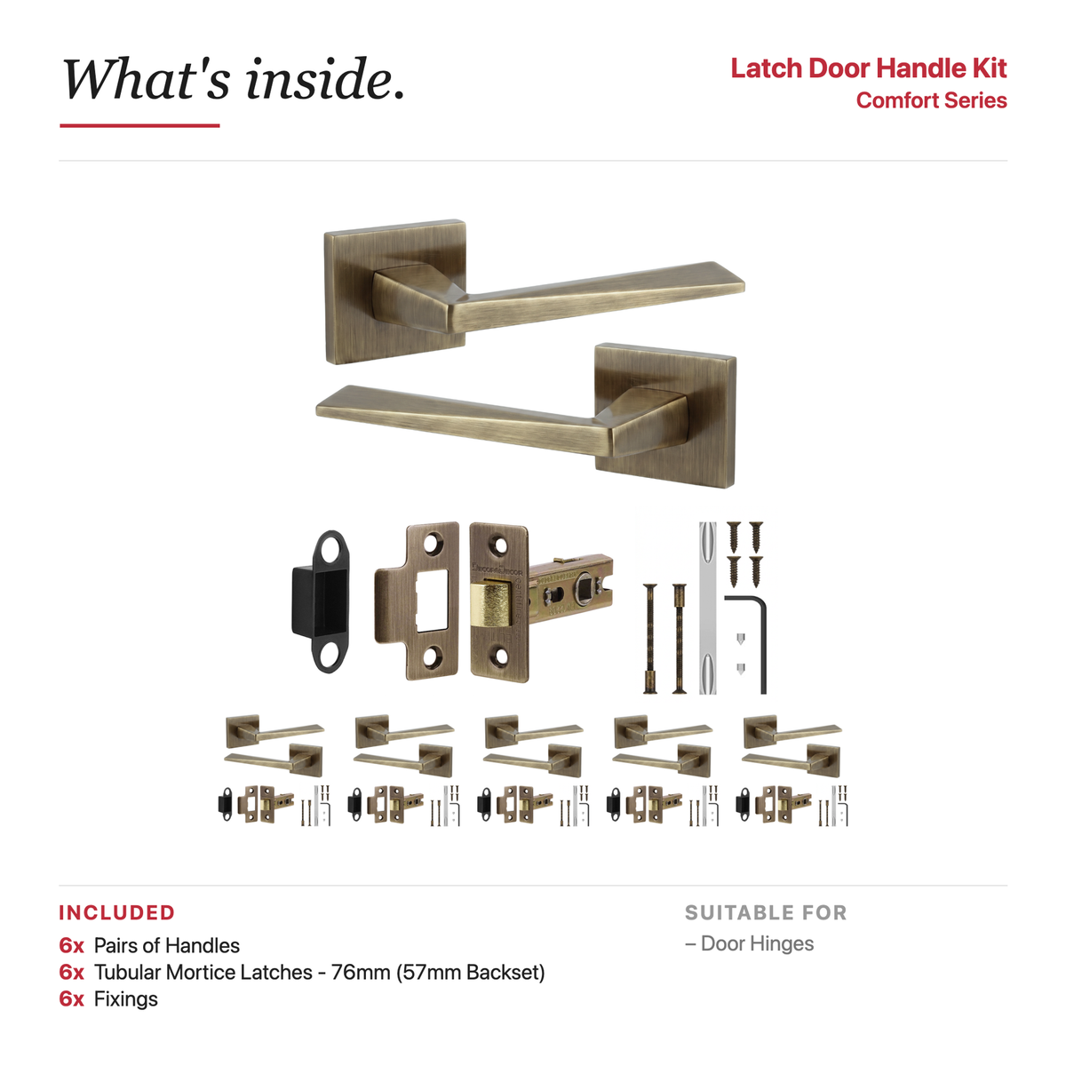 Leda Antique Brass Passage Door Lever Handles – showing what's included in the box