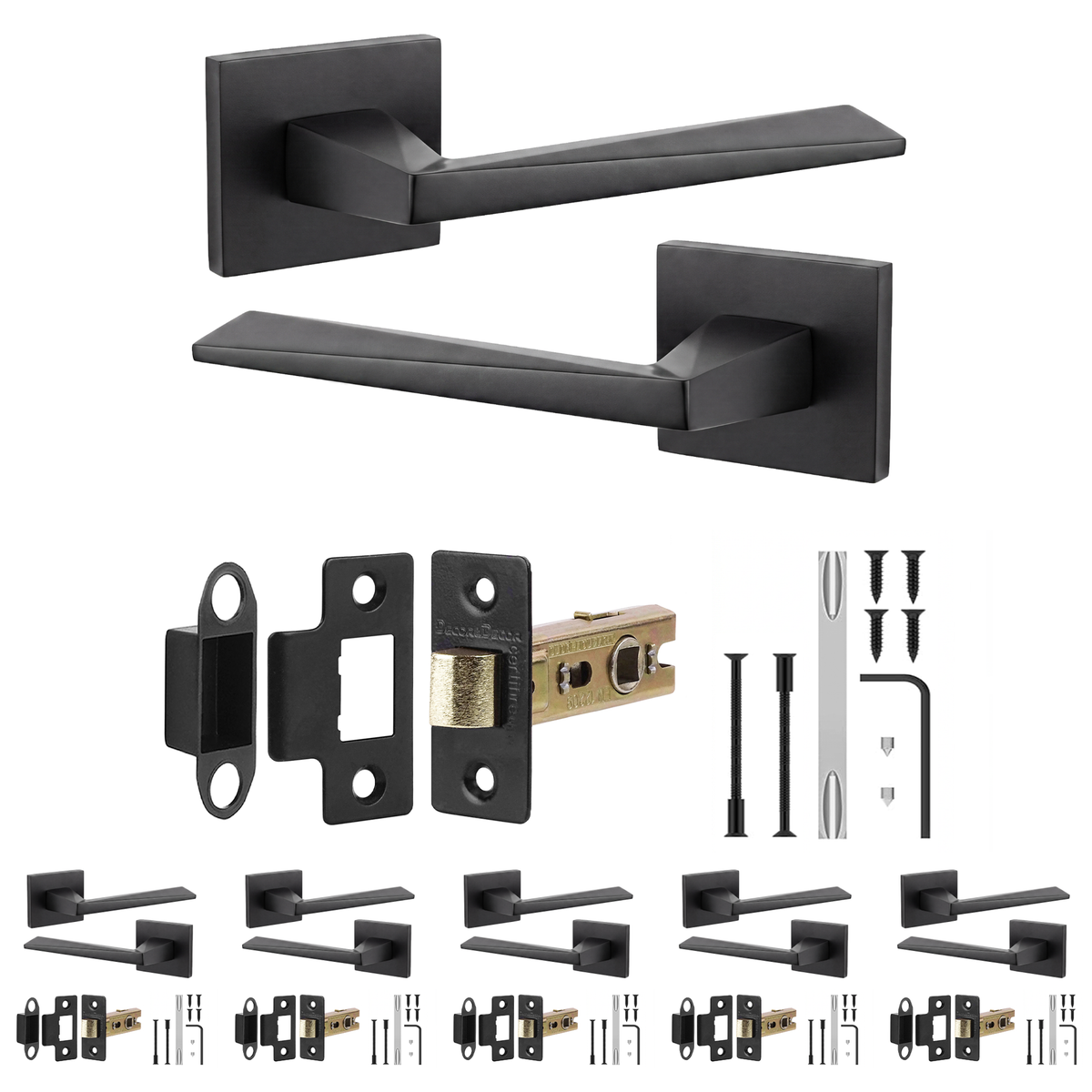 Leda Matt Black Passage Door Lever Handles - Latch Kit 64mm - Pack of 6