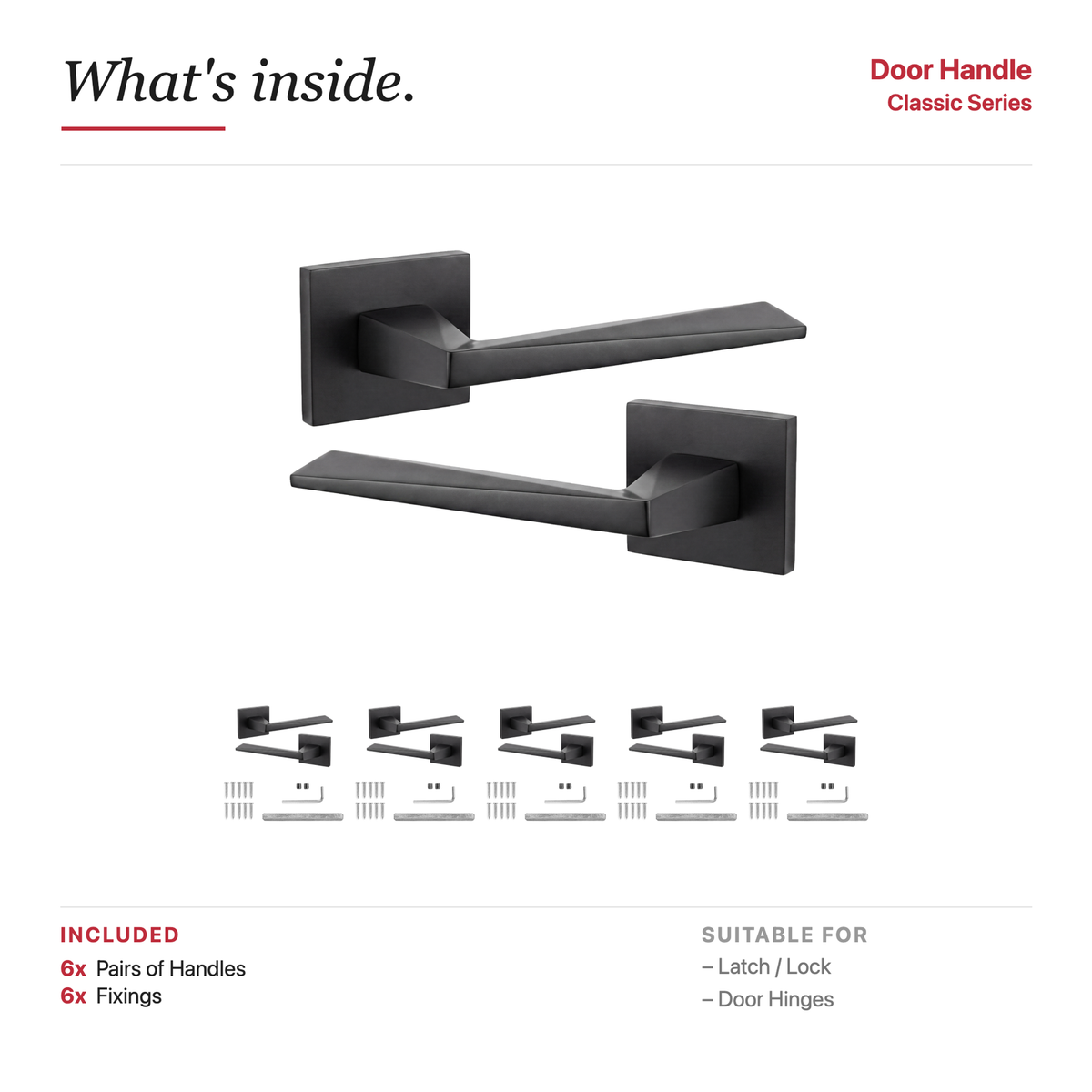 Leda Matt Black Door Lever Handles – showing what's included in the box
