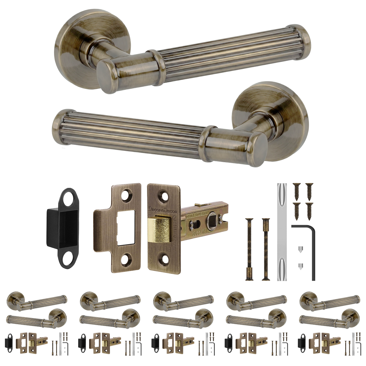 Leto Antique Brass Passage Door Lever Handles - Latch Kit 64mm - Pack of 6