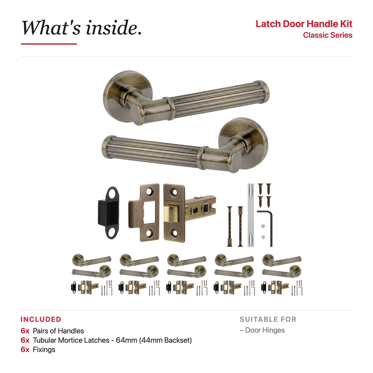 Leto Antique Brass Passage Door Lever Handles – showing what's included in the box