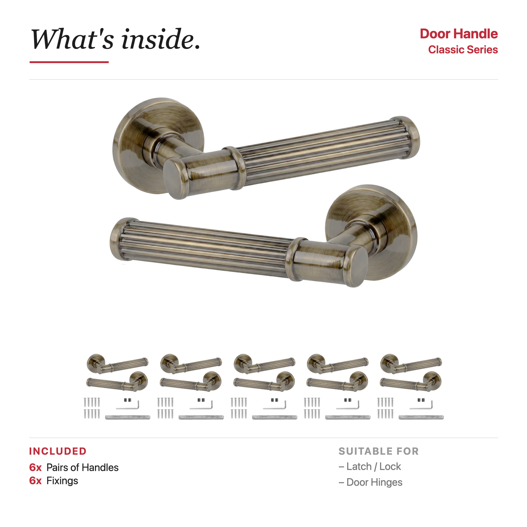 Leto Antique Brass Door Lever Handles – showing what's included in the box