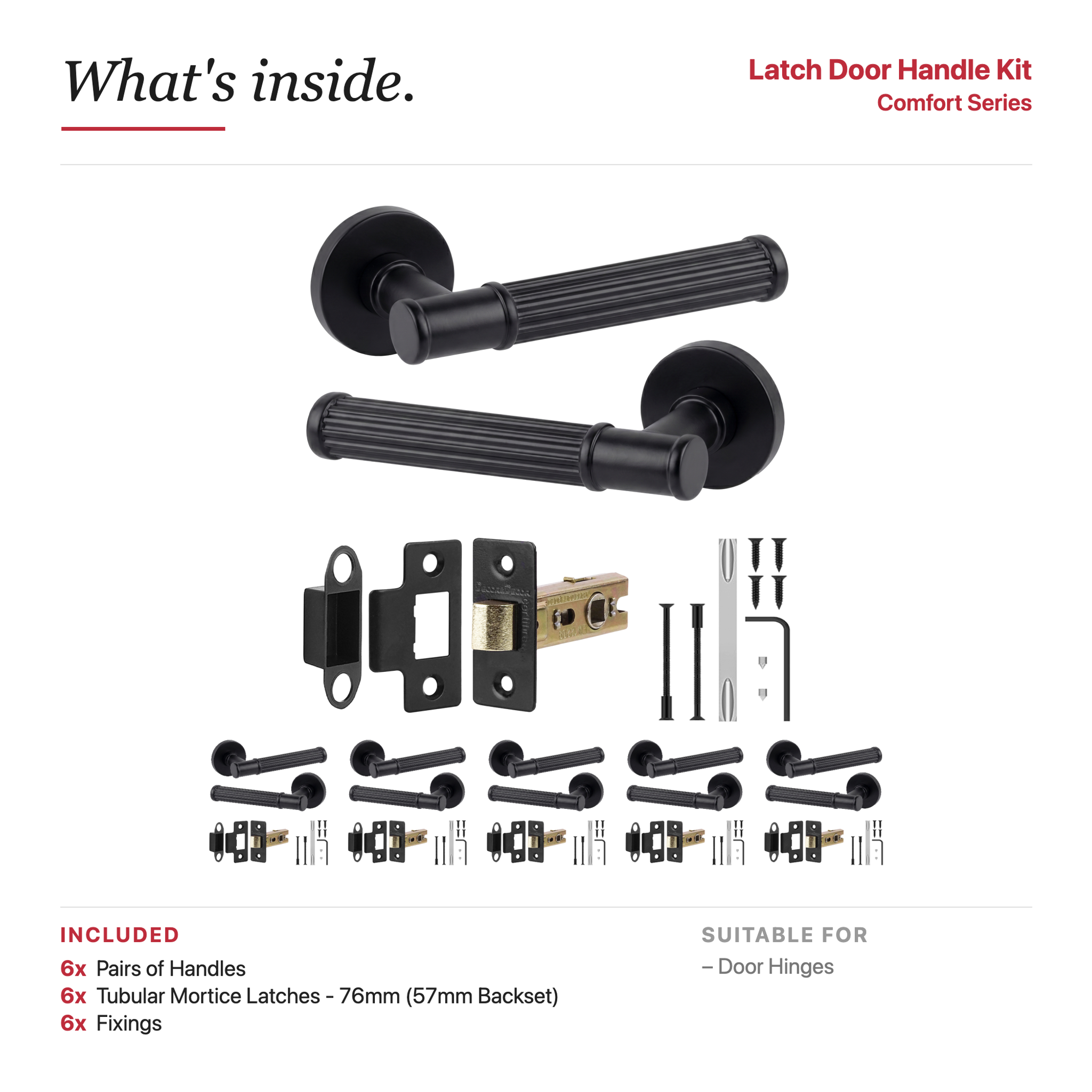 Leto Matt Black Passage Door Lever Handles – showing what's included in the box