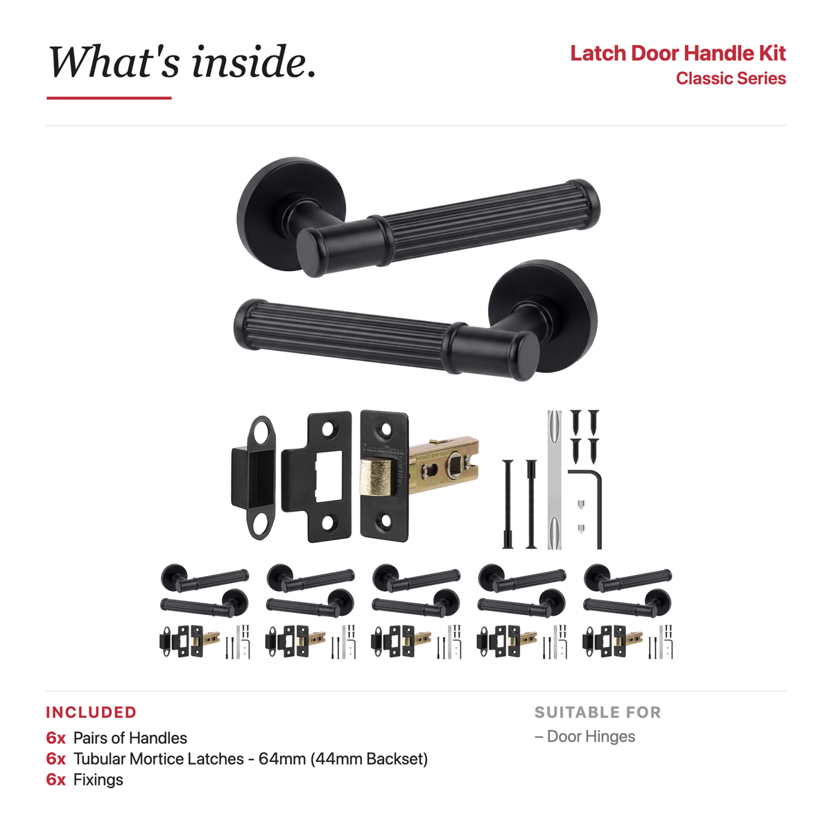 Leto Matt Black Passage Door Lever Handles – showing what's included in the box