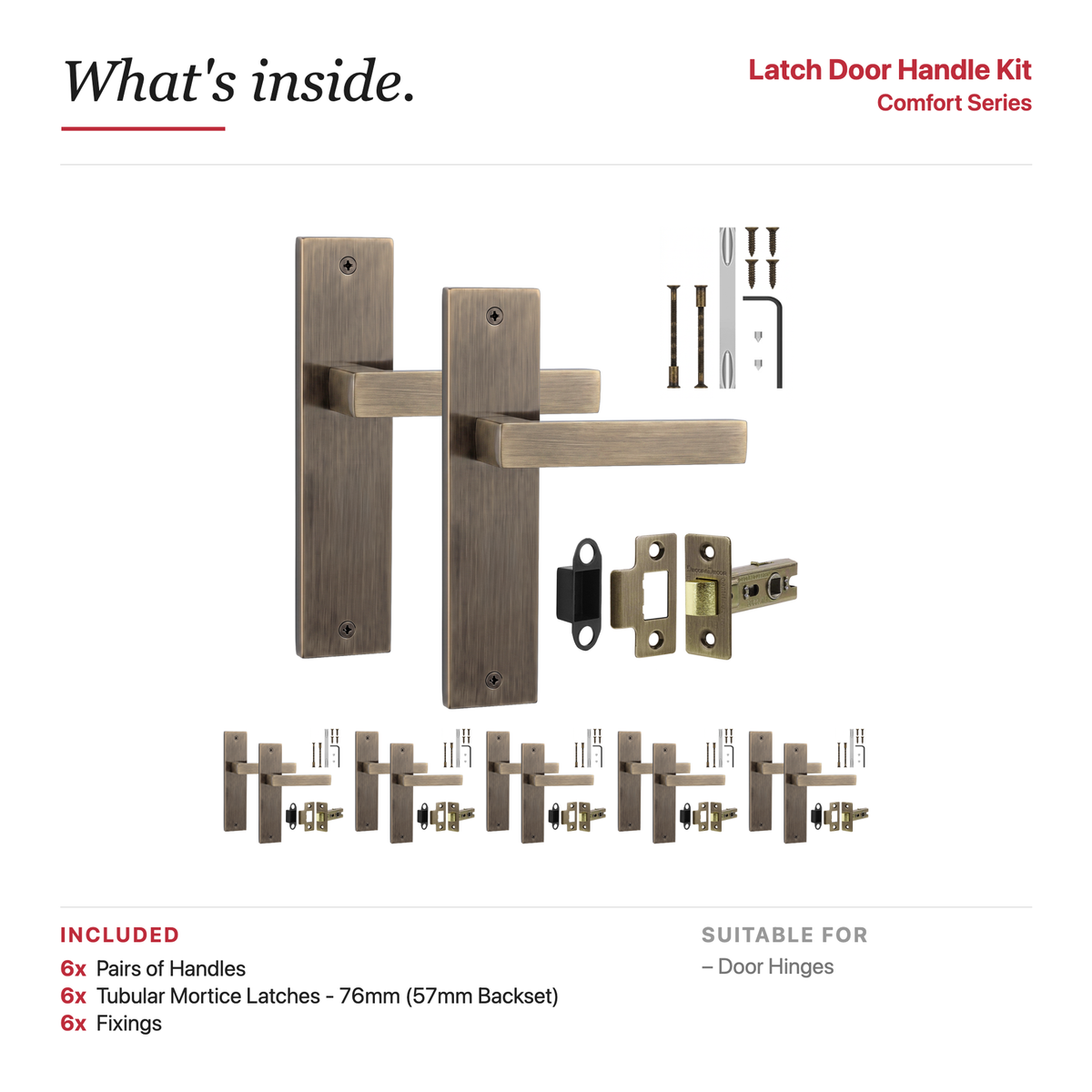 Lumina Antique Brass Passage Door Lever Handles on Backplate – showing what's included in the box