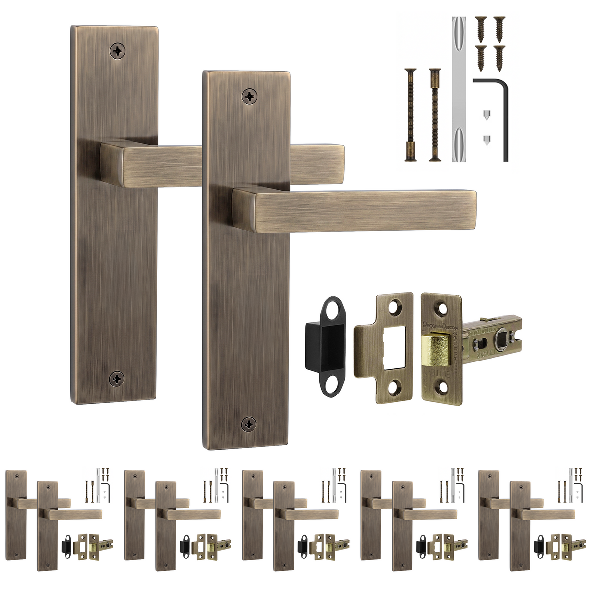 Lumina Antique Brass Passage Door Lever Handles on Backplate - Latch Kit 64mm - Pack of 6
