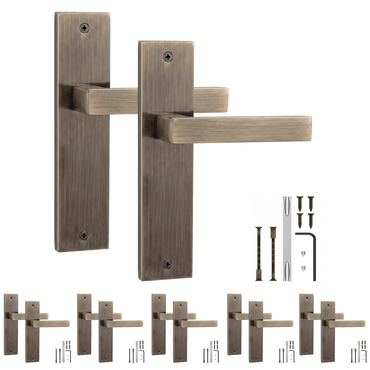 Lumina Antique Brass Door Lever Handles on Backplate - Pack of 6 Pairs