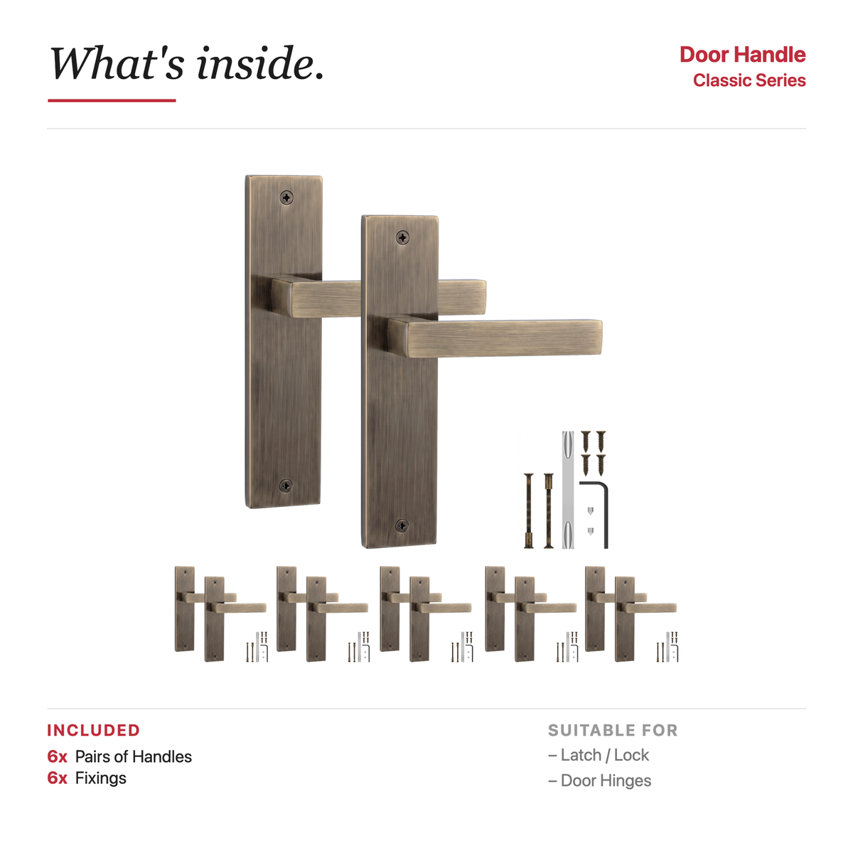 Lumina Antique Brass Door Lever Handles on Backplate – showing what's included in the box