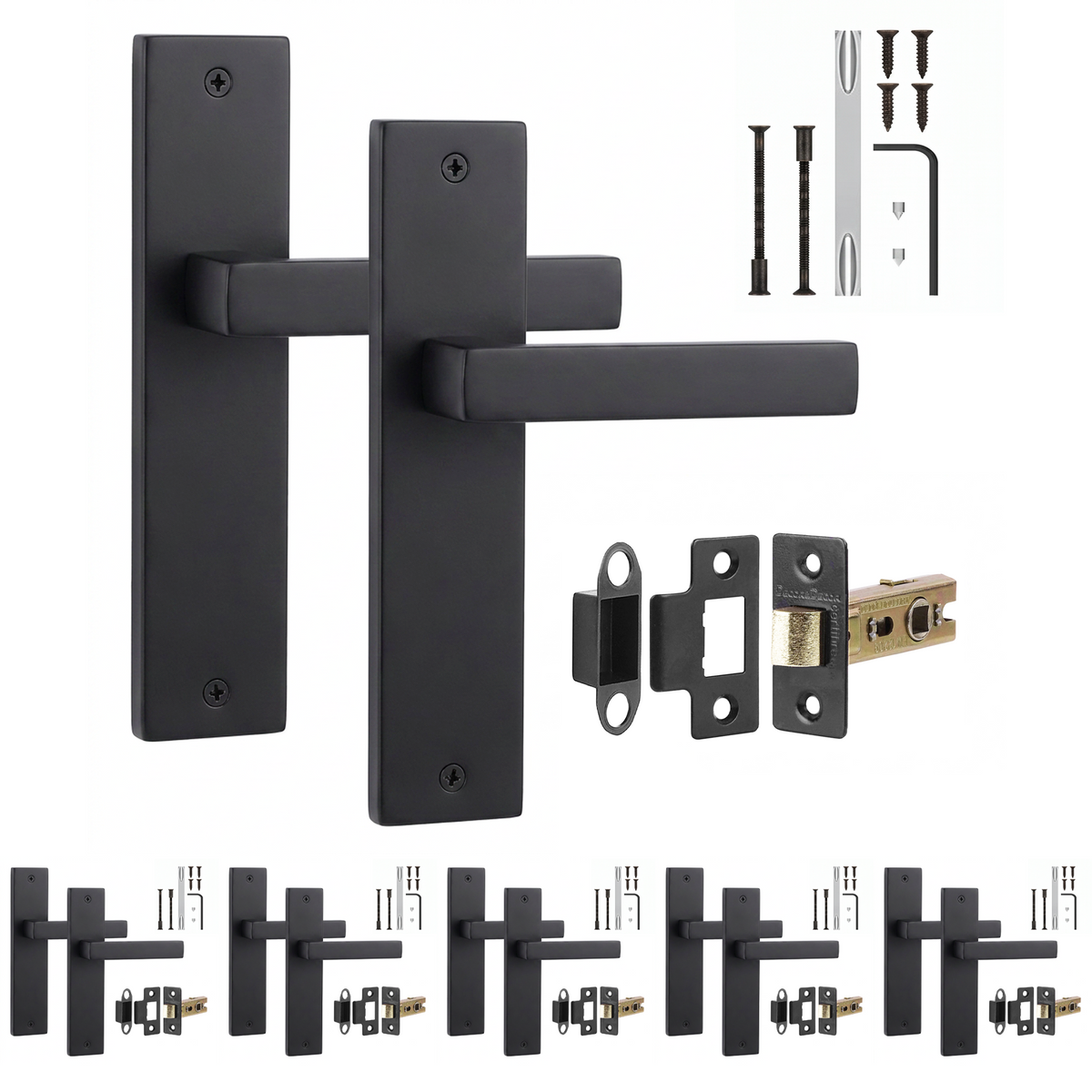 Lumina Matt Black Passage Door Lever Handles on Backplate - Latch Kit 76mm - Pack of 6