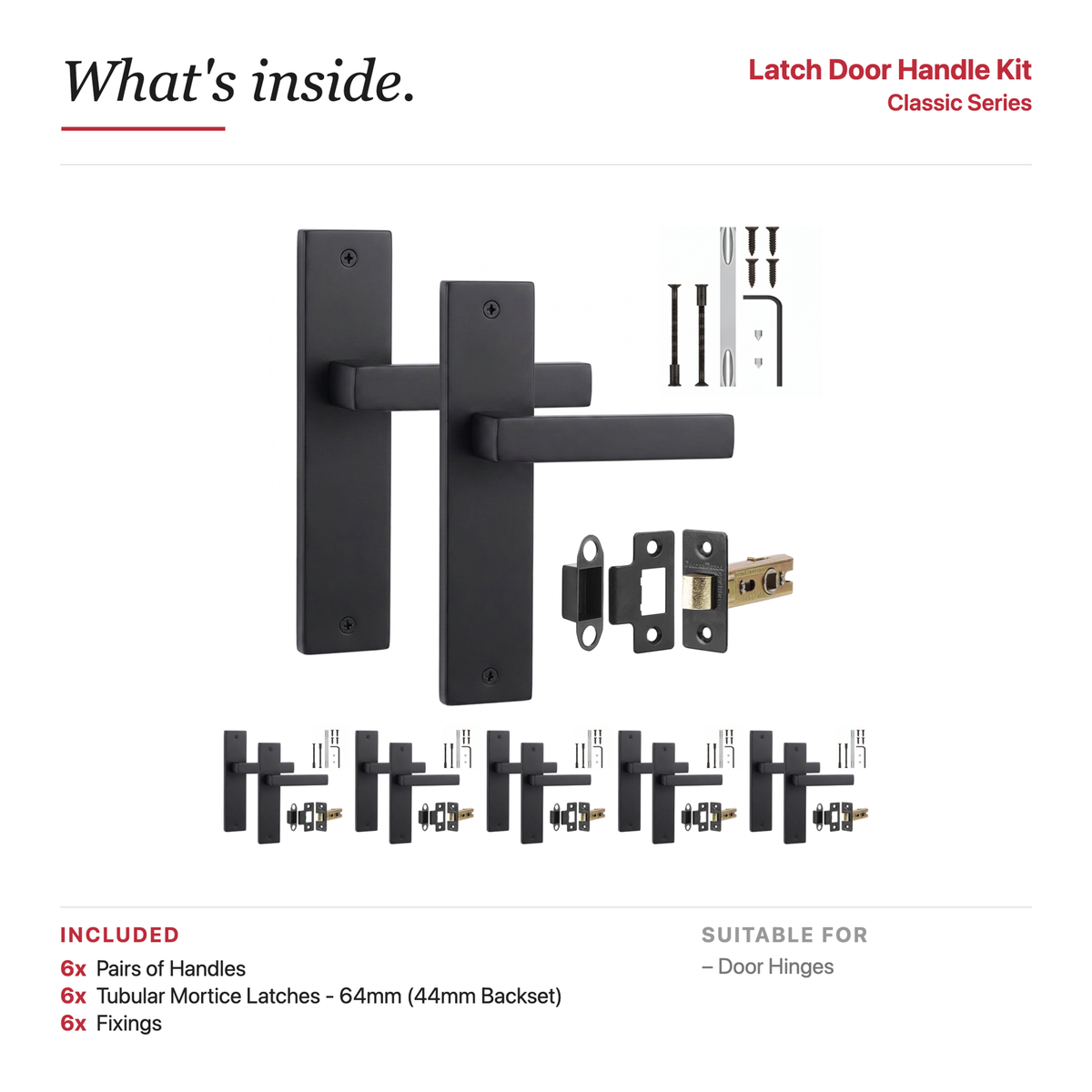 Lumina Matt Black Passage Door Lever Handles on Backplate – showing what's included in the box