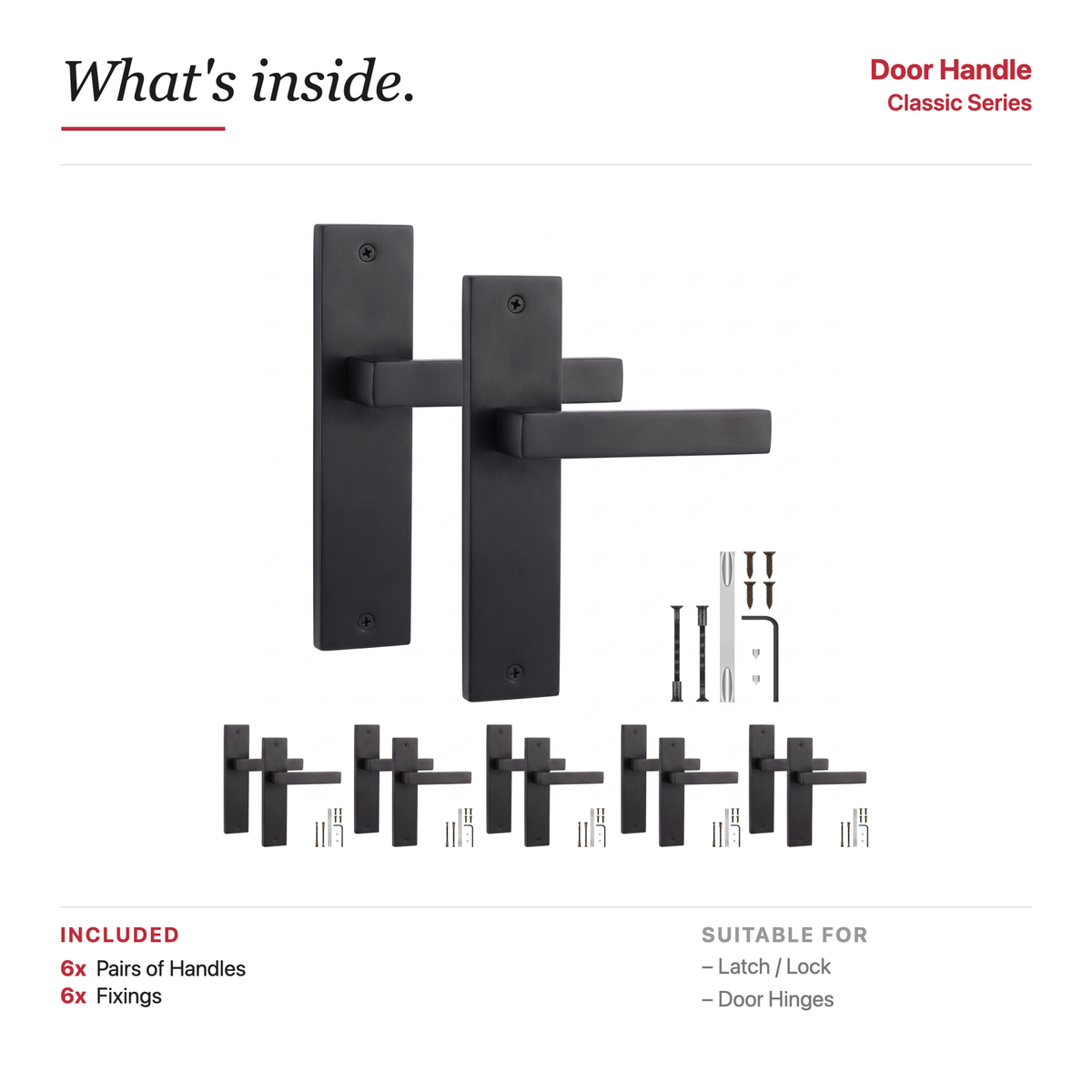 Lumina Matt Black Door Lever Handles on Backplate – showing what's included in the box