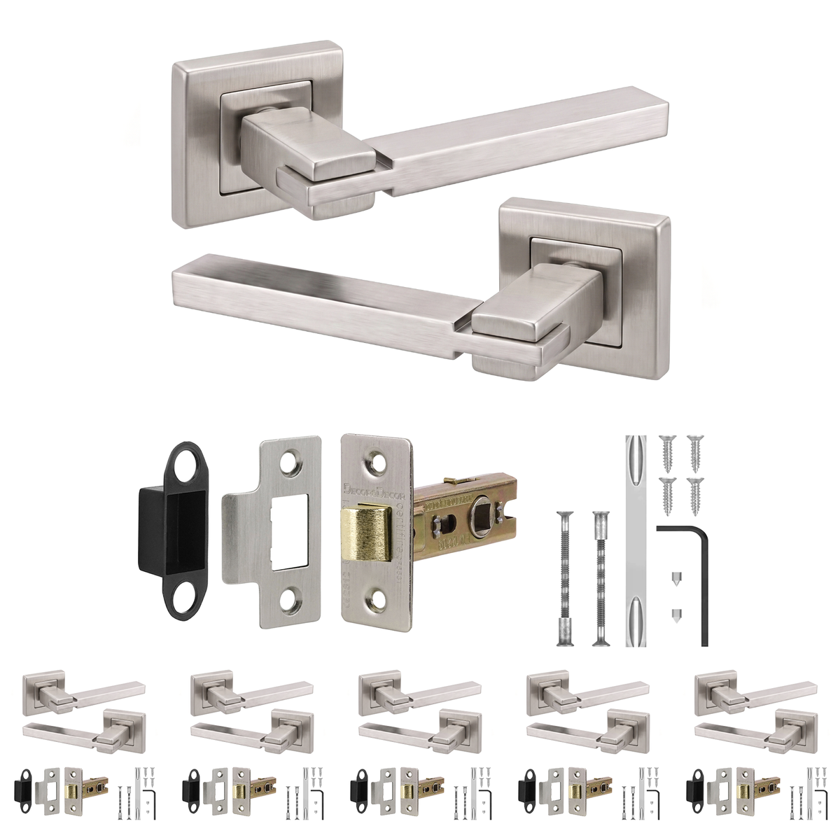 Nexus Satin Nickel Passage Door Lever Handles - Latch Kit 76mm - Pack of 6