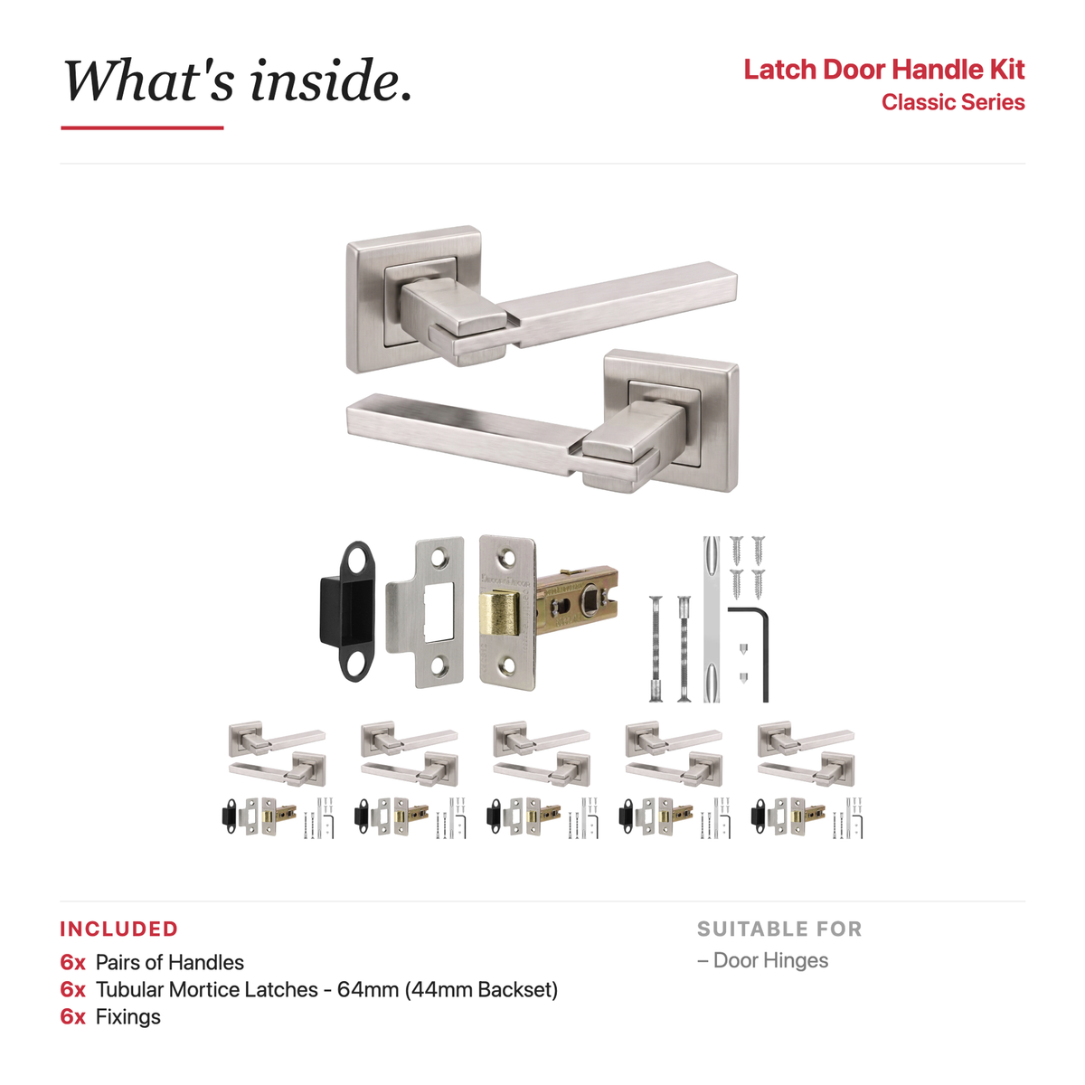 Nexus Satin Nickel Passage Door Lever Handles – showing what's included in the box