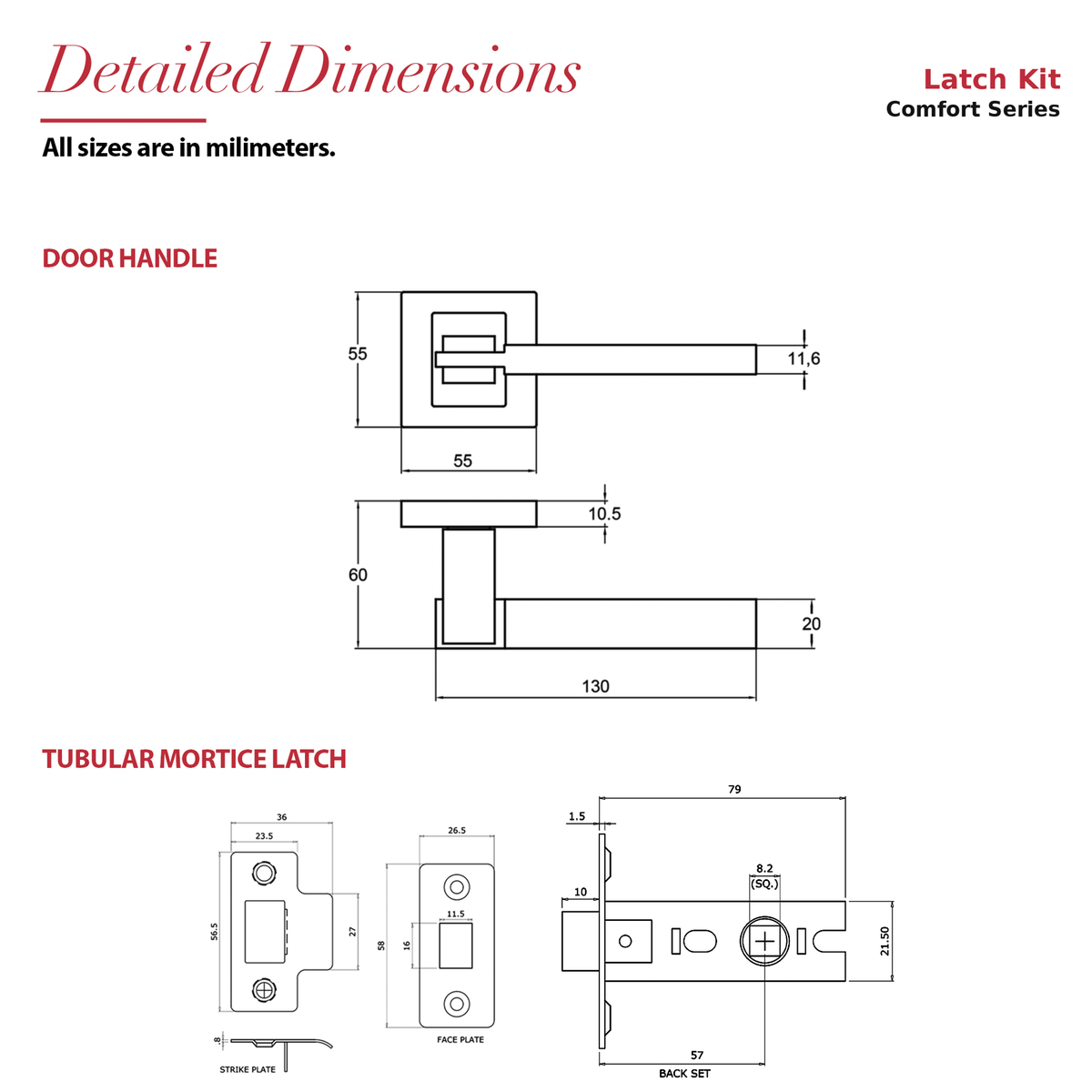 Nexus Matt Black Passage Door Lever Handles – dimensions and measurements diagram