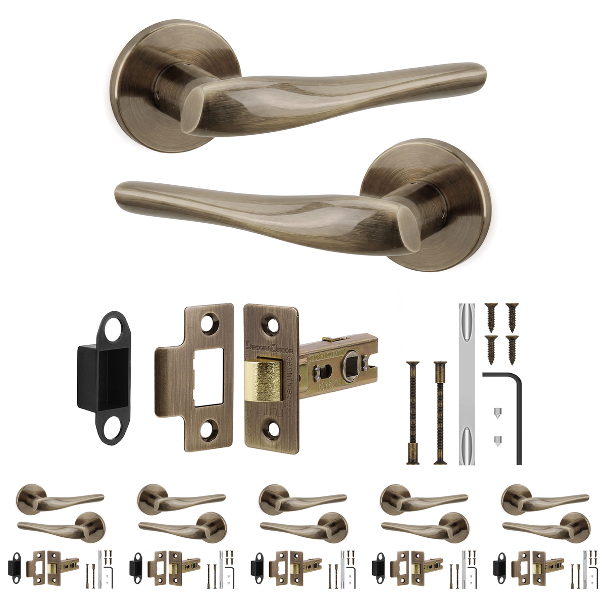 Nanda Antique Brass Passage Door Lever Handles - Latch Kit 76mm - Pack of 6