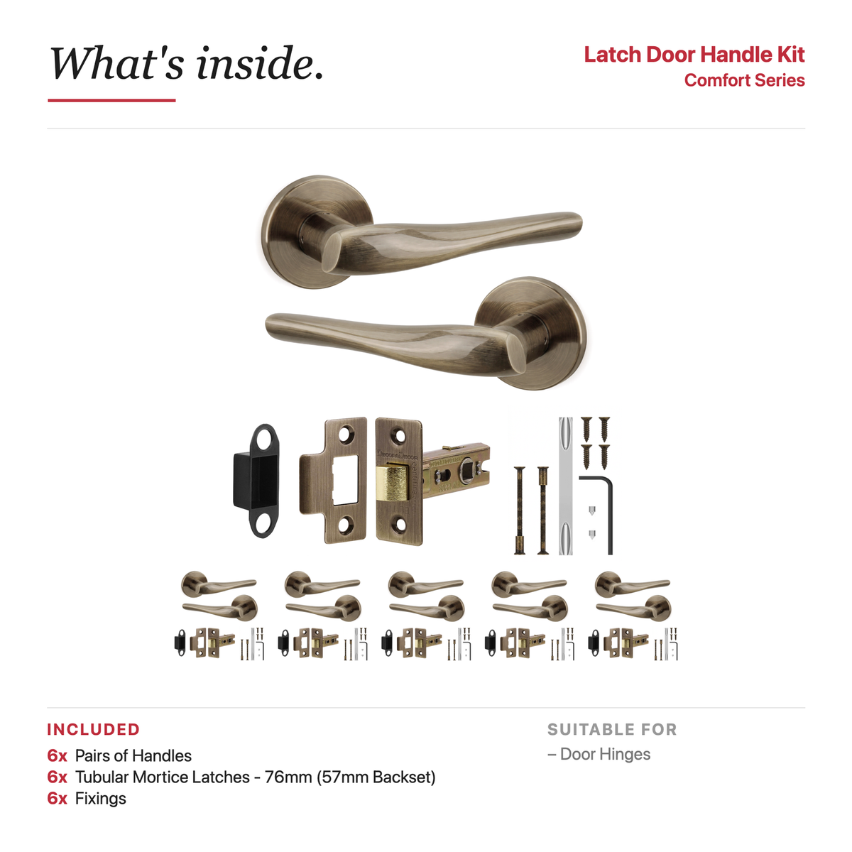 Nanda Antique Brass Passage Door Lever Handles – showing what's included in the box