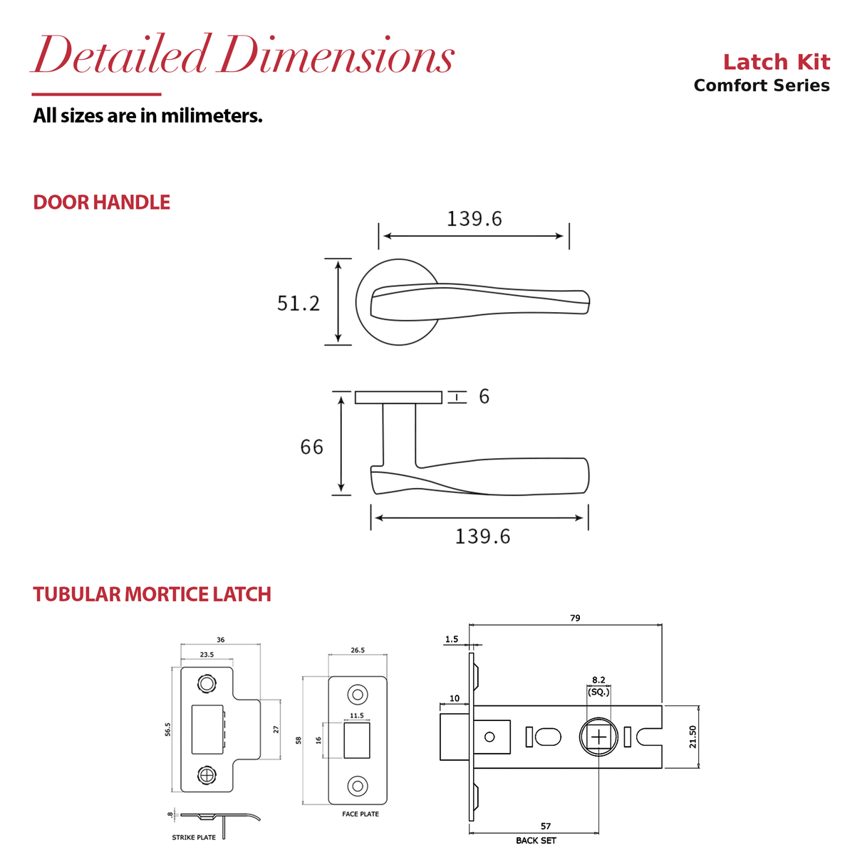 Nanda Matt Black Passage Door Lever Handles – dimensions and measurements diagram