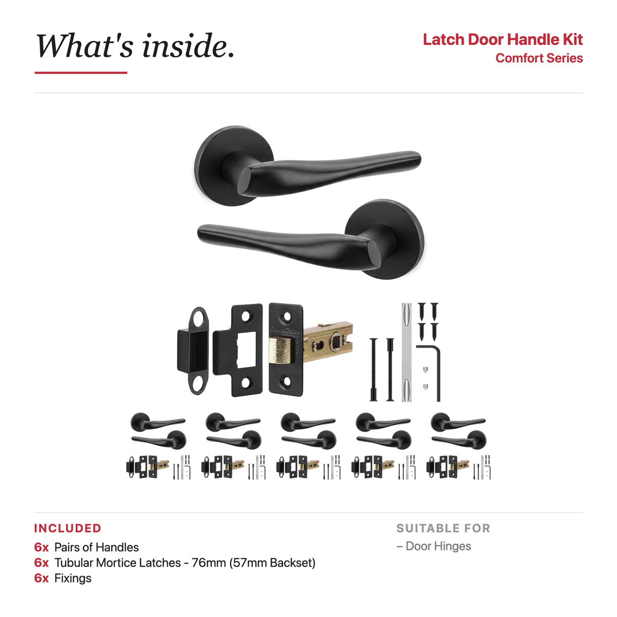 Nanda Matt Black Passage Door Lever Handles – showing what's included in the box
