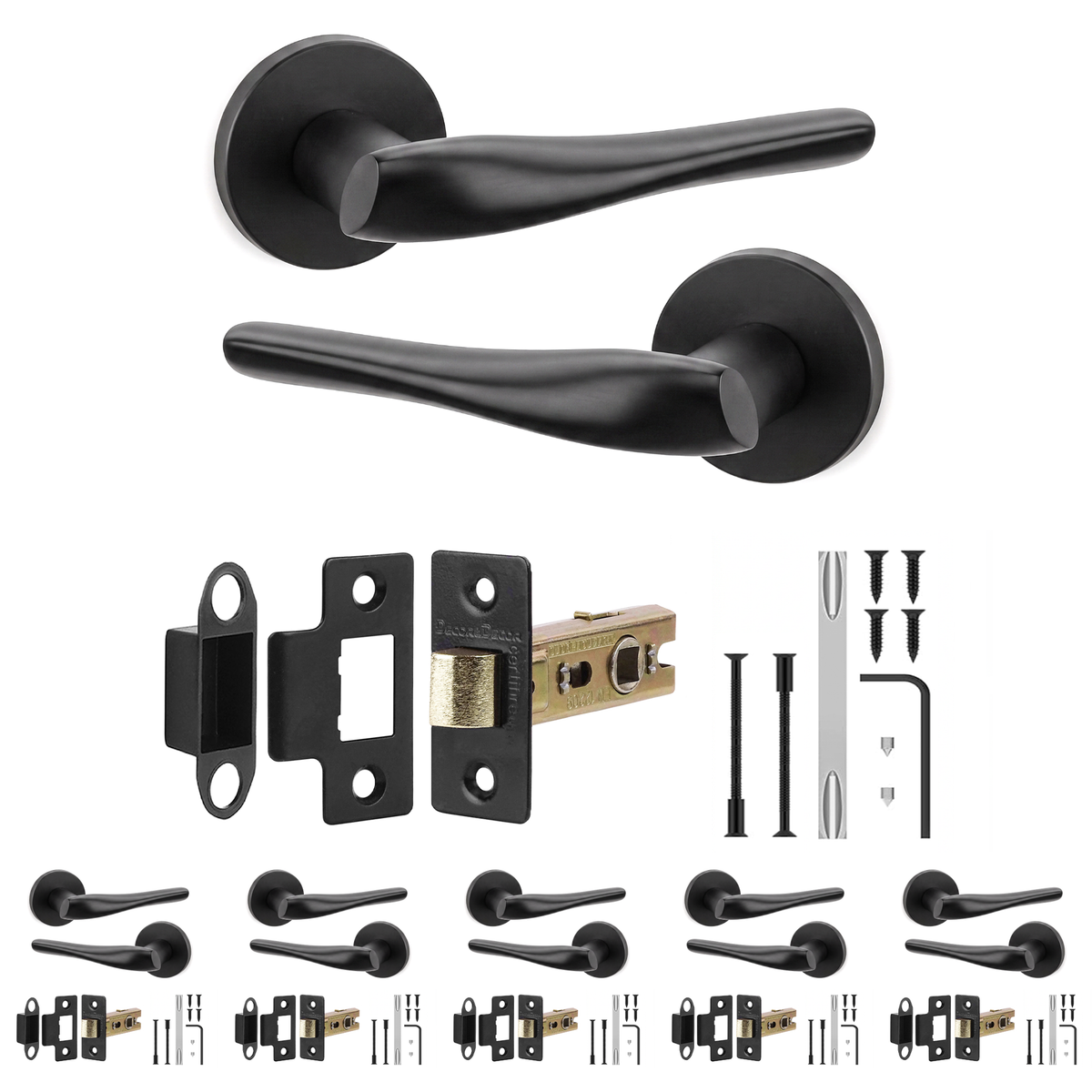 Nanda Matt Black Passage Door Lever Handles - Latch Kit 64mm - Pack of 6