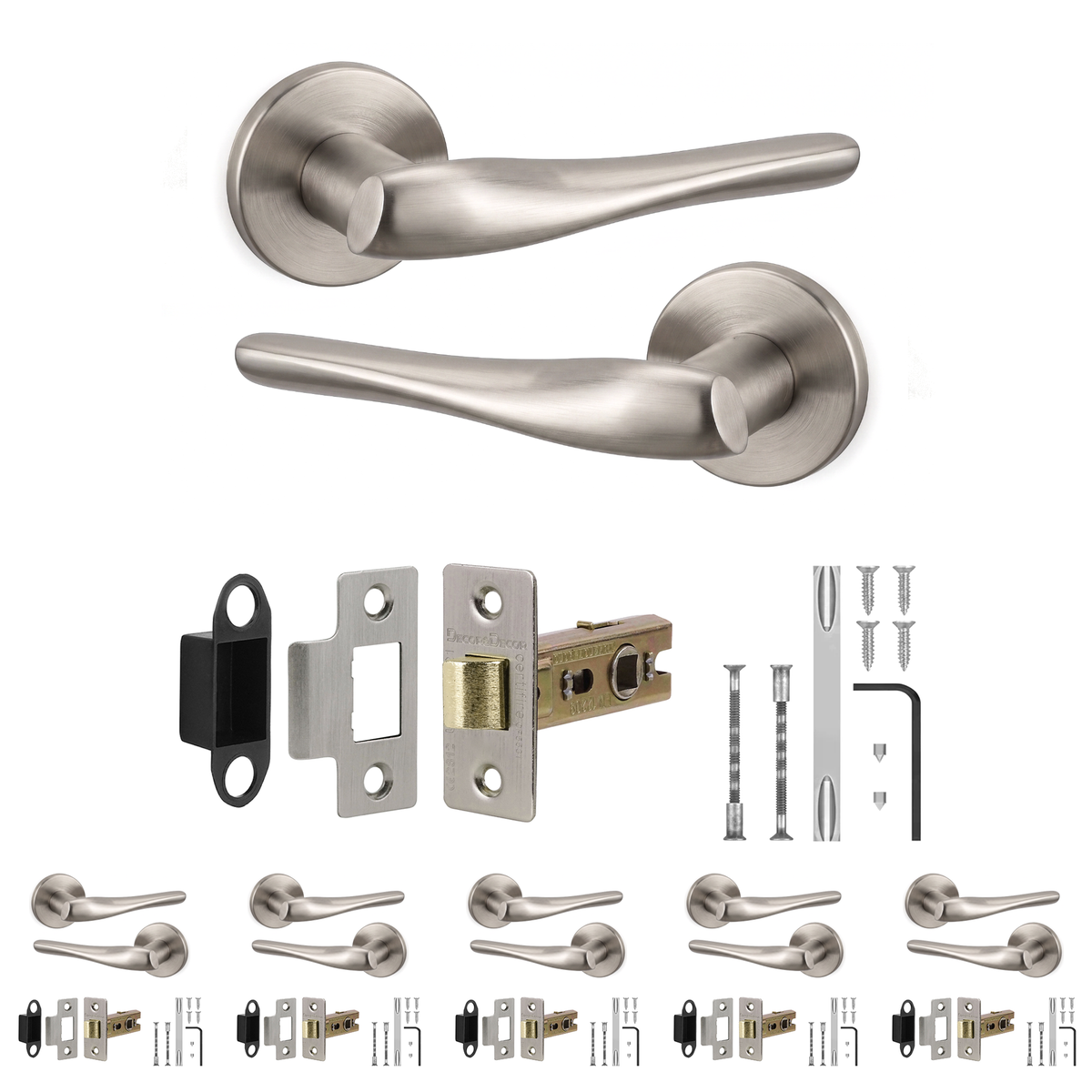 Nanda Satin Nickel Passage Door Lever Handles - Latch Kit 64mm - Pack of 6