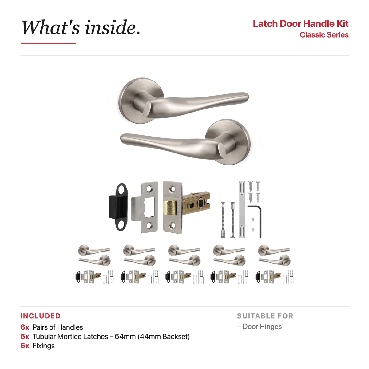 Nanda Satin Nickel Passage Door Lever Handles – showing what's included in the box