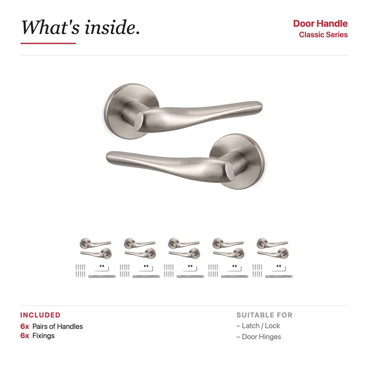 Nanda Satin Nickel Door Lever Handles – showing what's included in the box