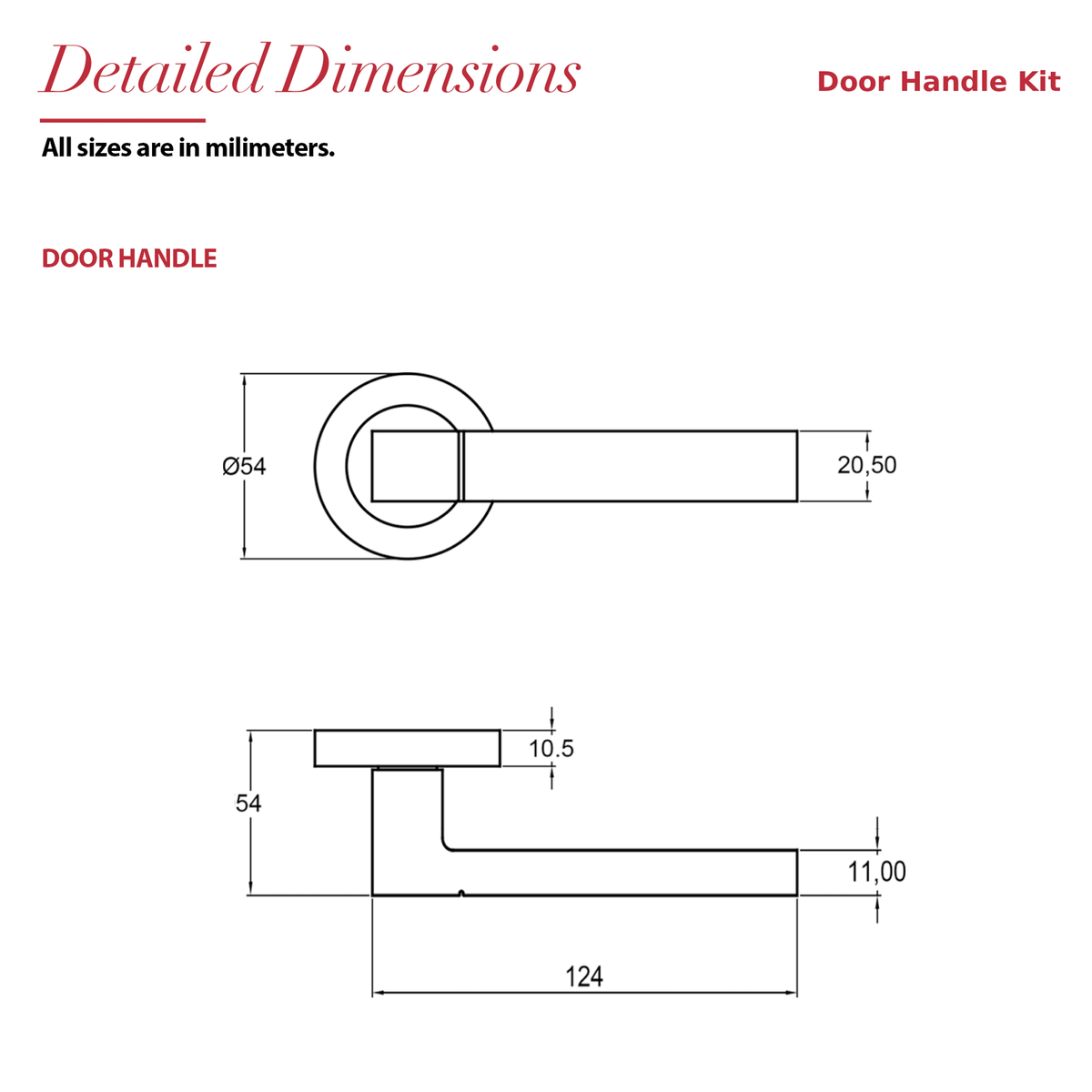 Lumina Antique Brass Door Lever Handles – dimensions and measurements diagram