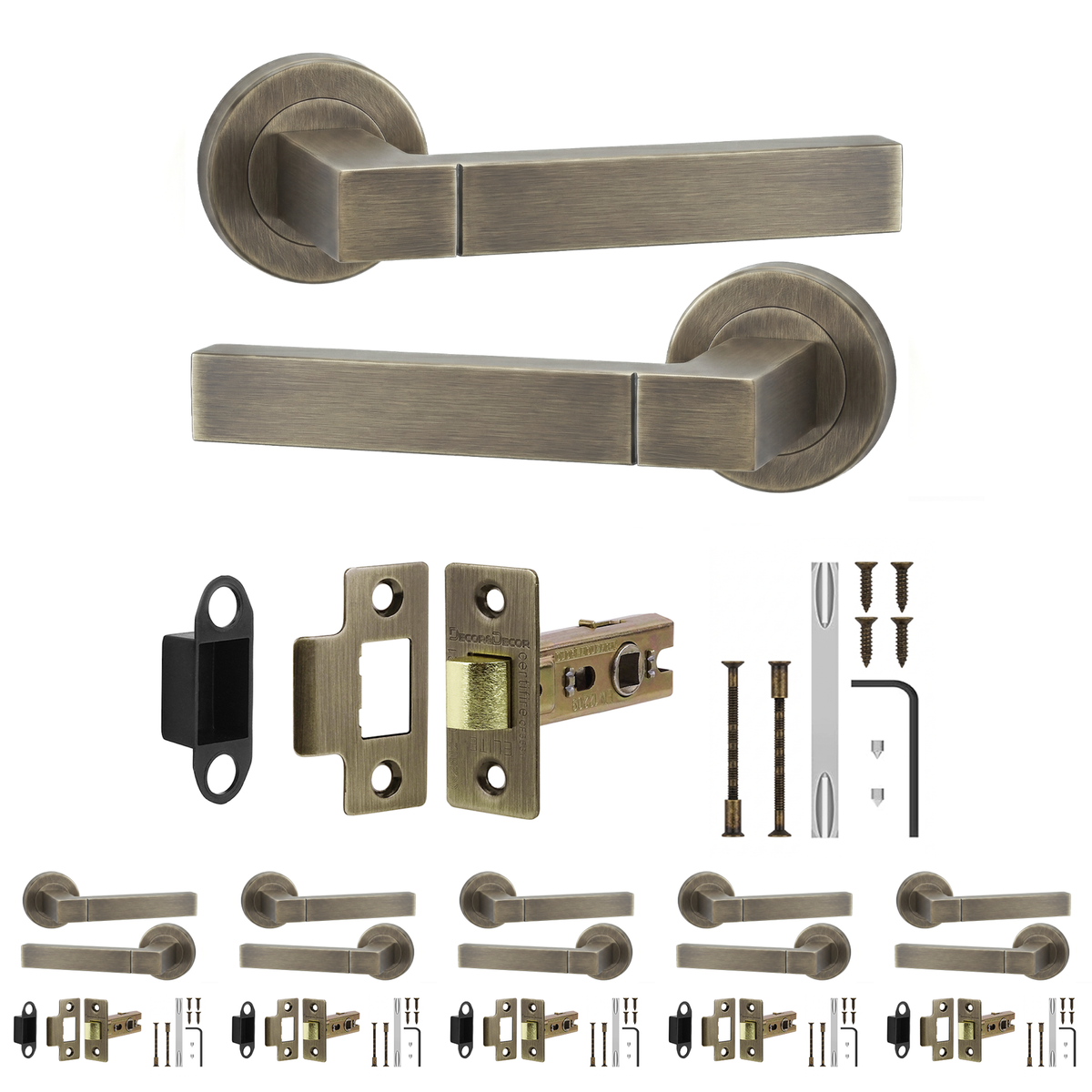 Lumina Antique Brass Passage Door Lever Handles - Latch Kit 76mm - Pack of 6