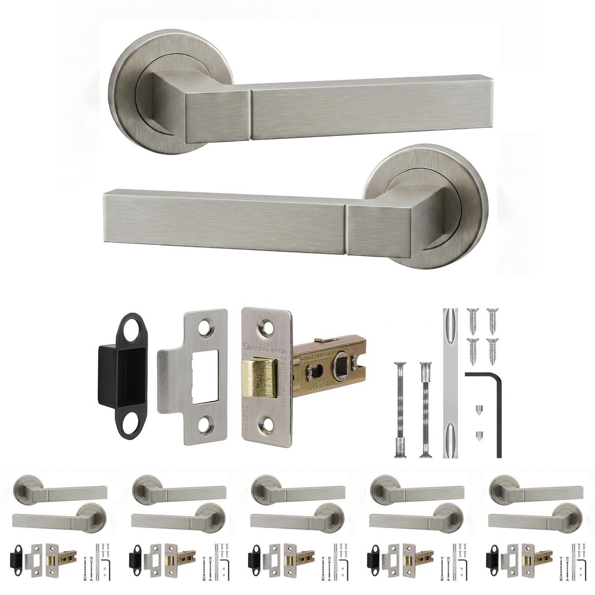 Lumina Satin Nickel Passage Door Lever Handles - Latch Kit 76mm - Pack of 6