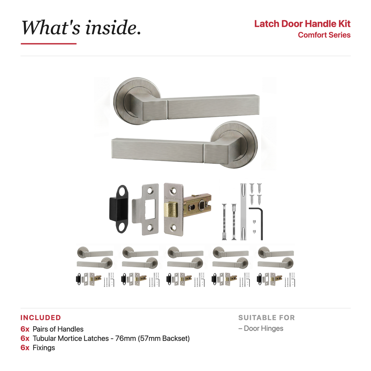 Lumina Satin Nickel Passage Door Lever Handles – showing what's included in the box