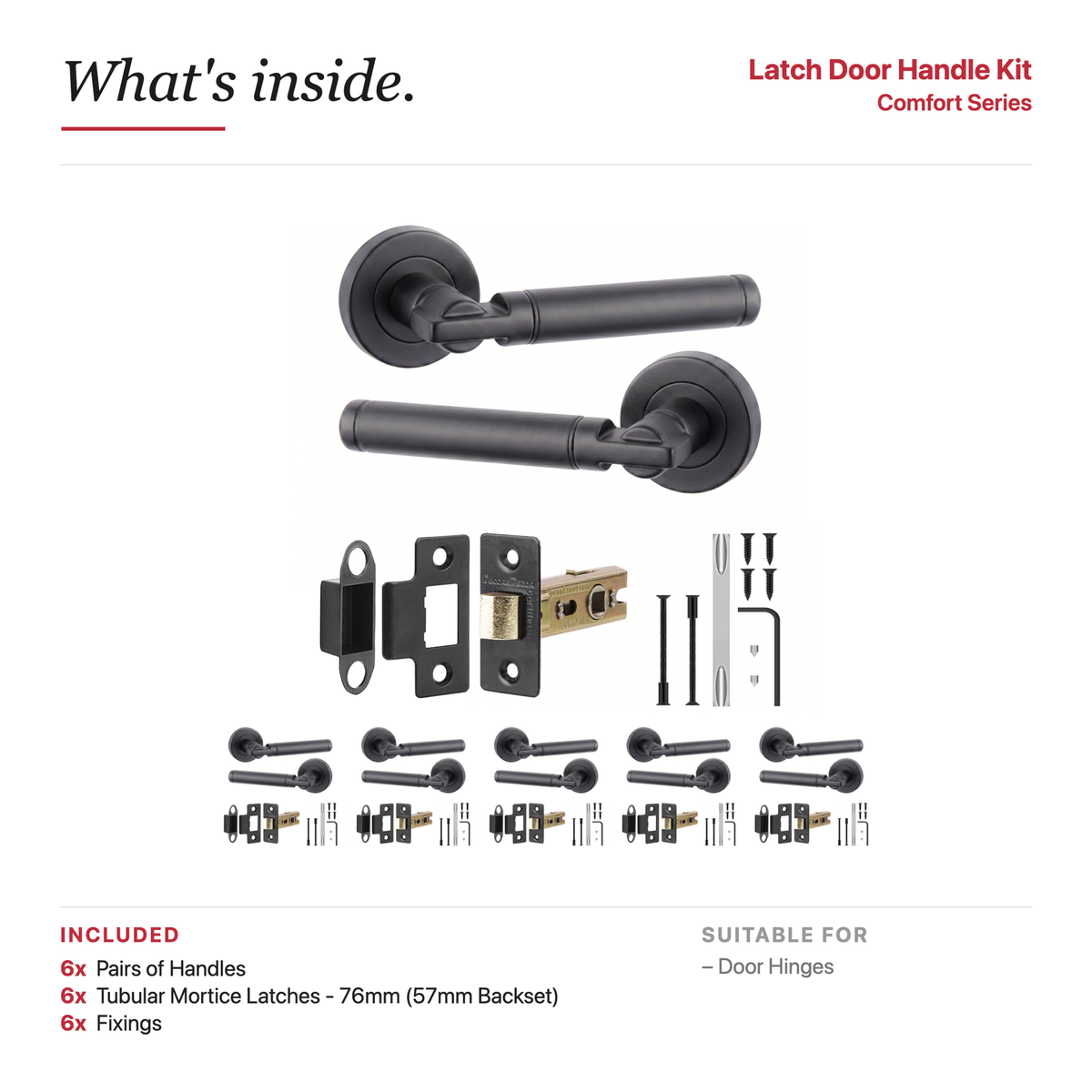 Enigma Matt Black Passage Door Lever Handles – showing what's included in the box