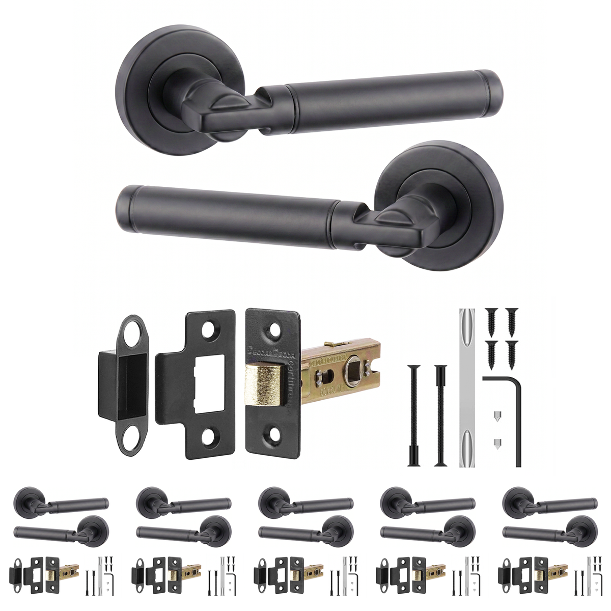Enigma Matt Black Passage Door Lever Handles - Latch Kit 64mm - Pack of 6