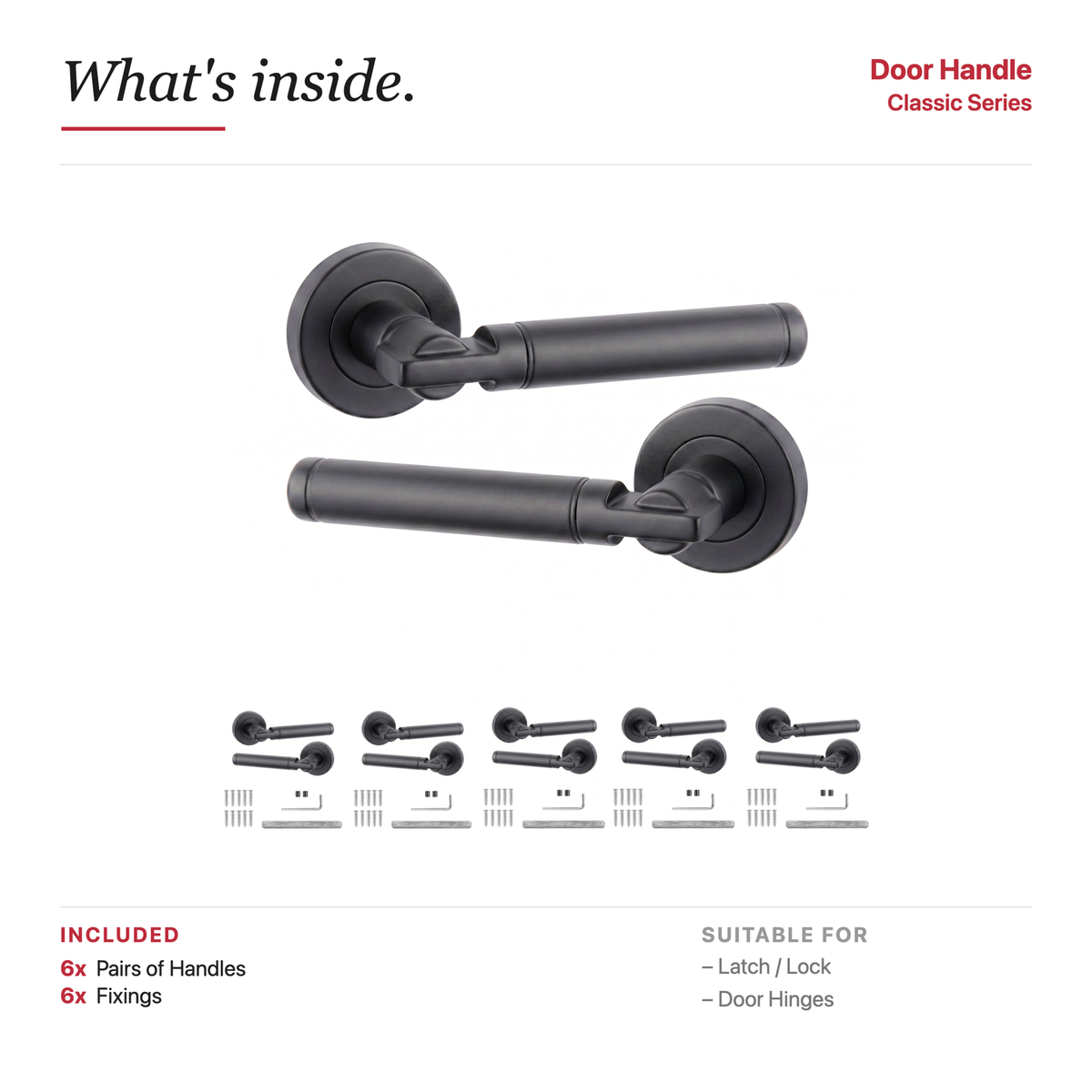 Enigma Matt Black Door Lever Handles – showing what's included in the box