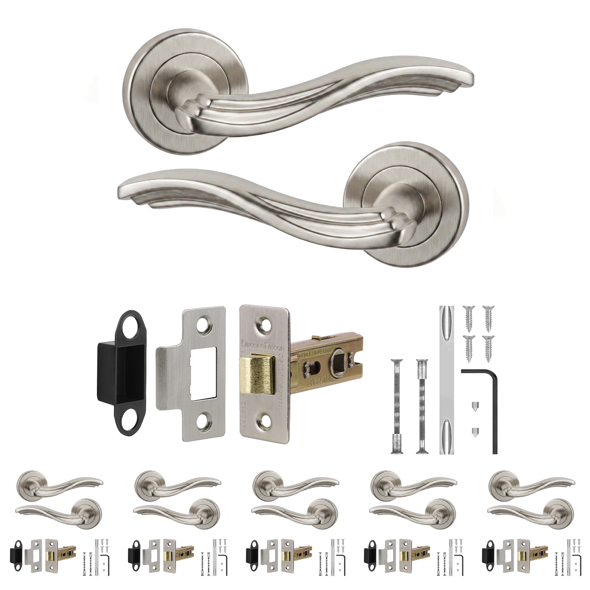 Solace Satin Nickel Passage Door Lever Handles - Latch Kit 64mm - Pack of 6